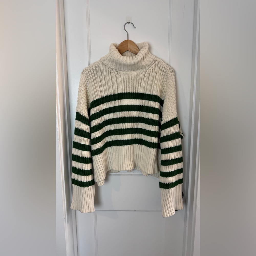 Madewell Cream and Green Striped Turtleneck Sweater